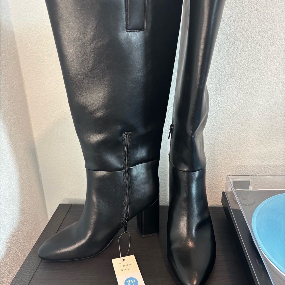 Wide Calf Black Knee-High Leather Boots